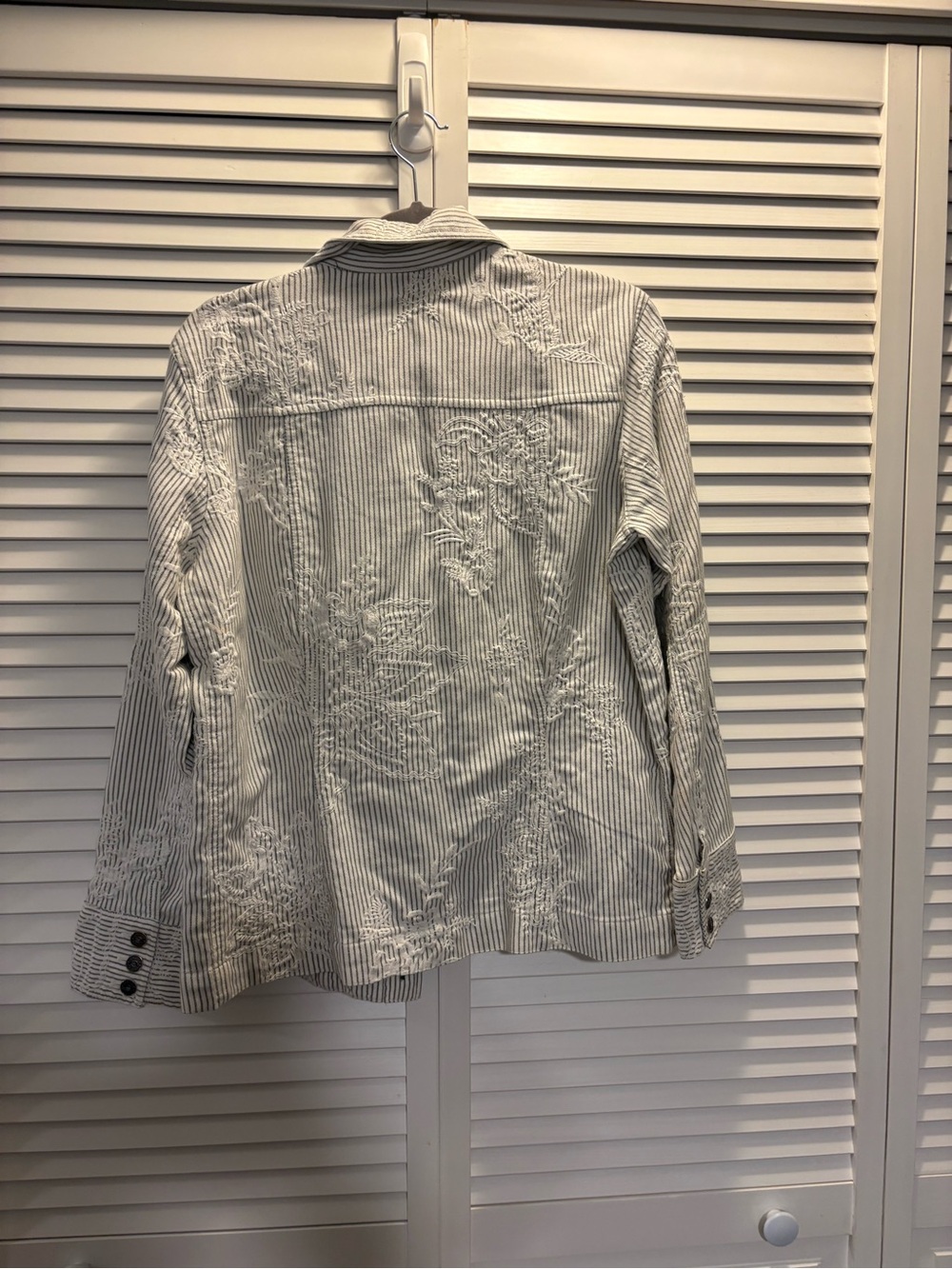 Chico's Embroidered Striped Button-Front Jacket - White & Gray - Picture 5 of 11